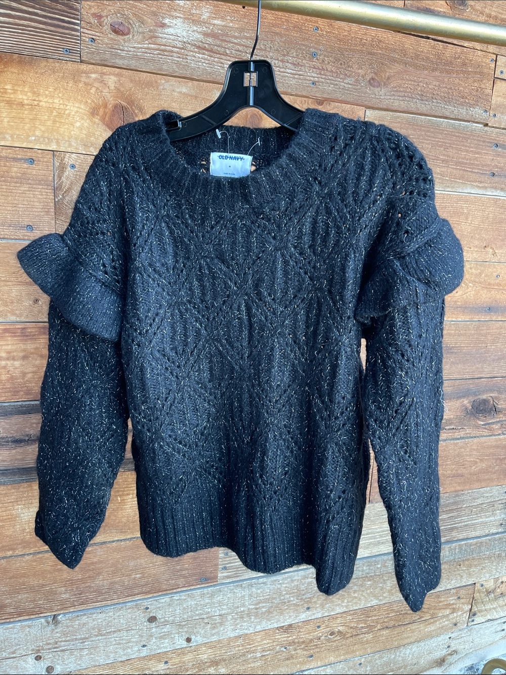 Old Navy Black Cable Knit Metallic Puff Sleeve Sweater Women’s Medium NWOT